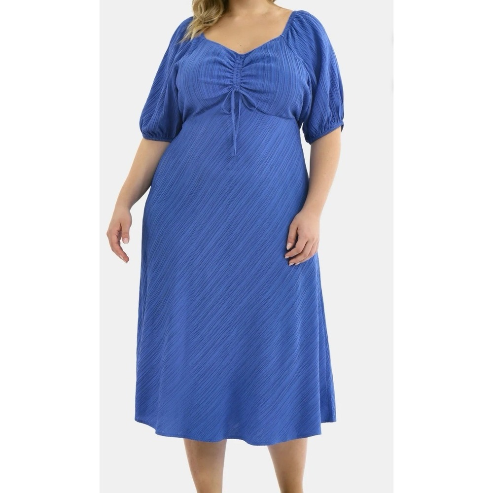 Terra & Sky Womens Plus Ruched Front Midi Dress Blue 2XL NWT
